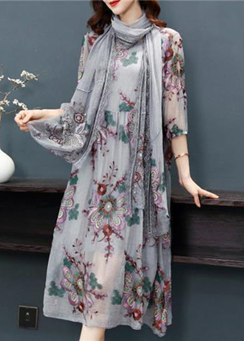 Women Grey Embroideried Scarf Silk Holiday Dress Bracelet Sleeve LY0982