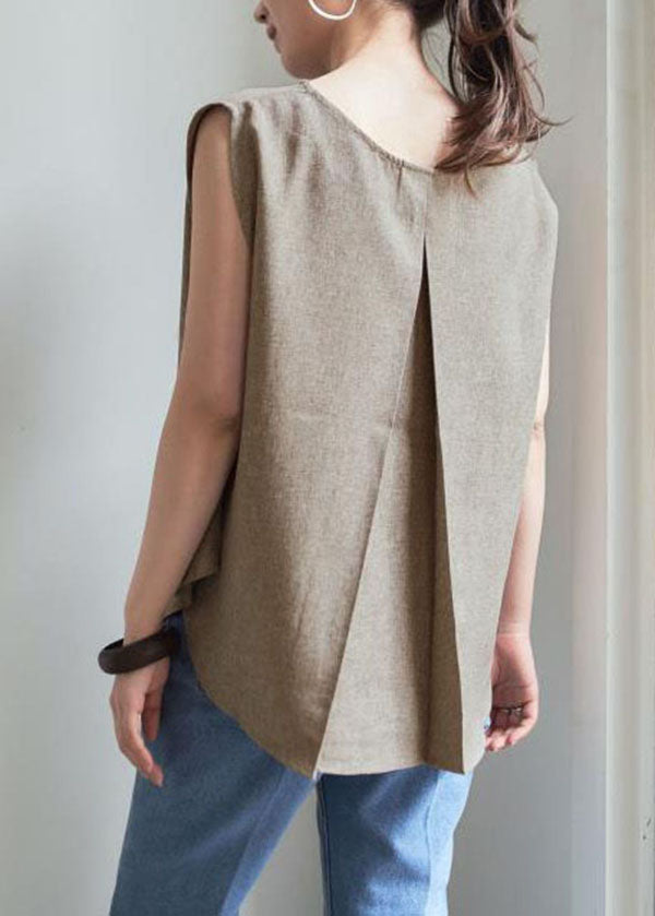 Women Grey O-Neck Wrinkled Linen Tops Sleeveless LY1357