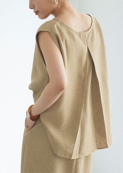 Women Grey O-Neck Wrinkled Linen Tops Sleeveless LY1357