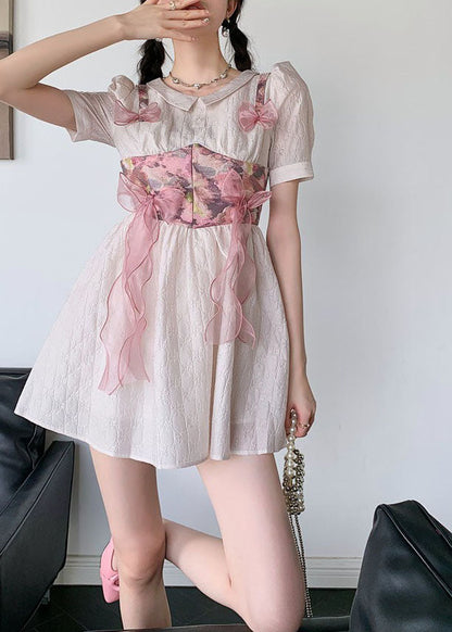 Women Grey Pink Bow Patchwork Print Silk Day Dress Summer LY0786