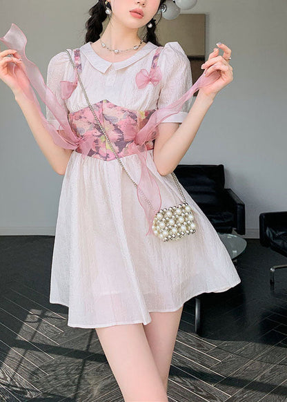 Women Grey Pink Bow Patchwork Print Silk Day Dress Summer LY0786