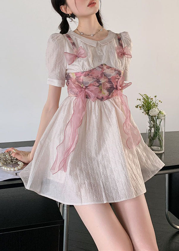 Women Grey Pink Bow Patchwork Print Silk Day Dress Summer LY0786