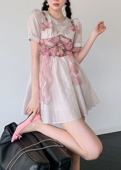 Women Grey Pink Bow Patchwork Print Silk Day Dress Summer LY0786