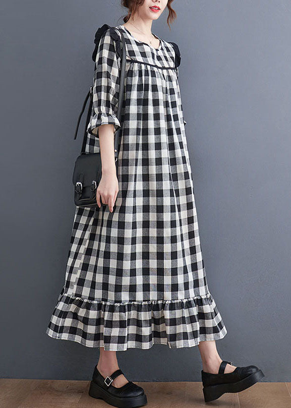 Women Grey Plaid Ruffled Patchwork Ruffles Cotton Dresses Summer LY0653