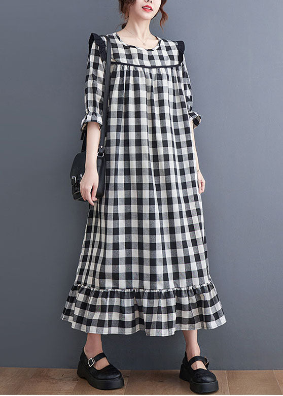 Women Grey Plaid Ruffled Patchwork Ruffles Cotton Dresses Summer LY0653