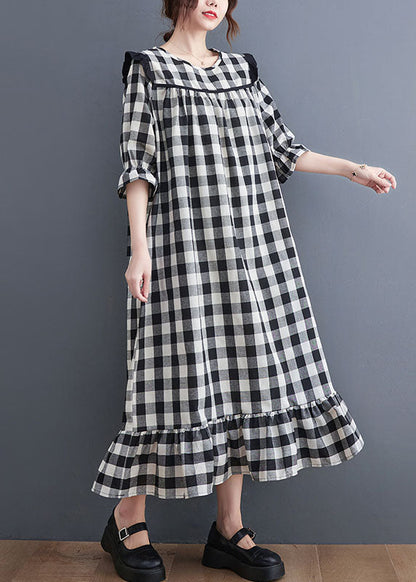 Women Grey Plaid Ruffled Patchwork Ruffles Cotton Dresses Summer LY0653