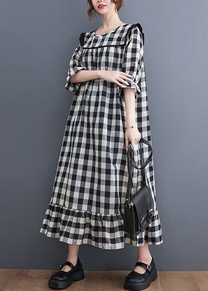 Women Grey Plaid Ruffled Patchwork Ruffles Cotton Dresses Summer LY0653