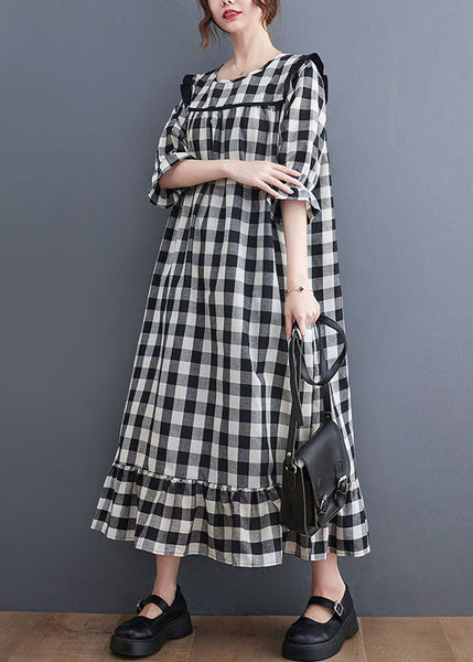Women Grey Plaid Ruffled Patchwork Ruffles Cotton Dresses Summer AC2077