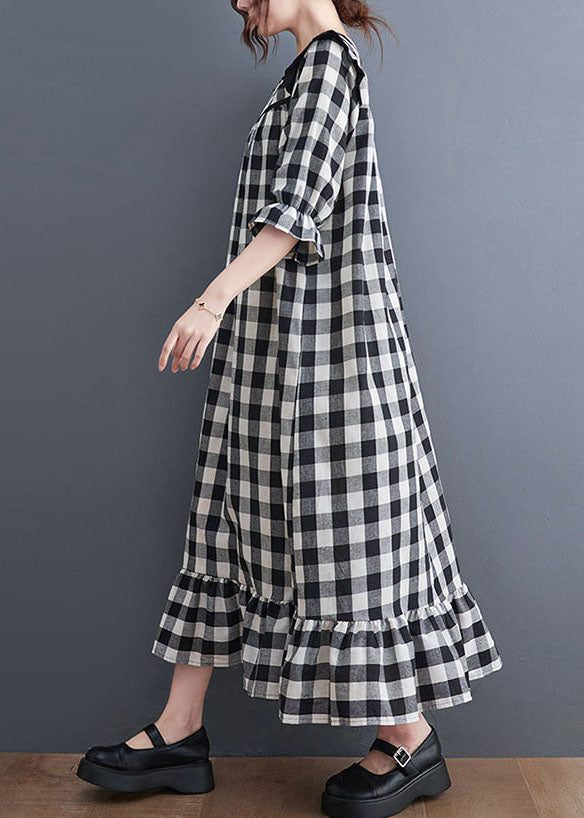 Women Grey Plaid Ruffled Patchwork Ruffles Cotton Dresses Summer LY0653