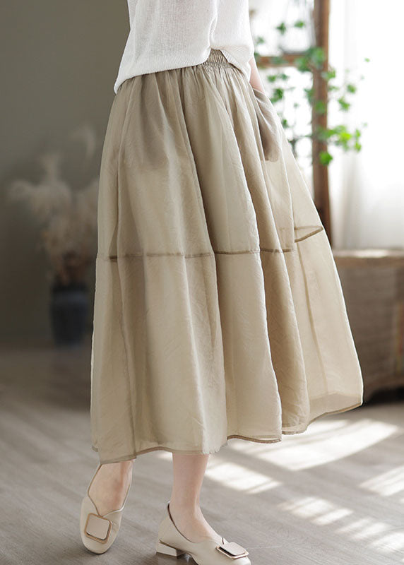 Women Khaki Elastic Waist Patchwork Organza Skirts Spring TG1063