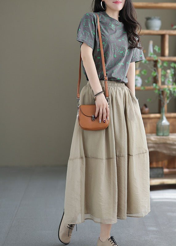 Women Khaki Elastic Waist Patchwork Organza Skirts Spring TG1063