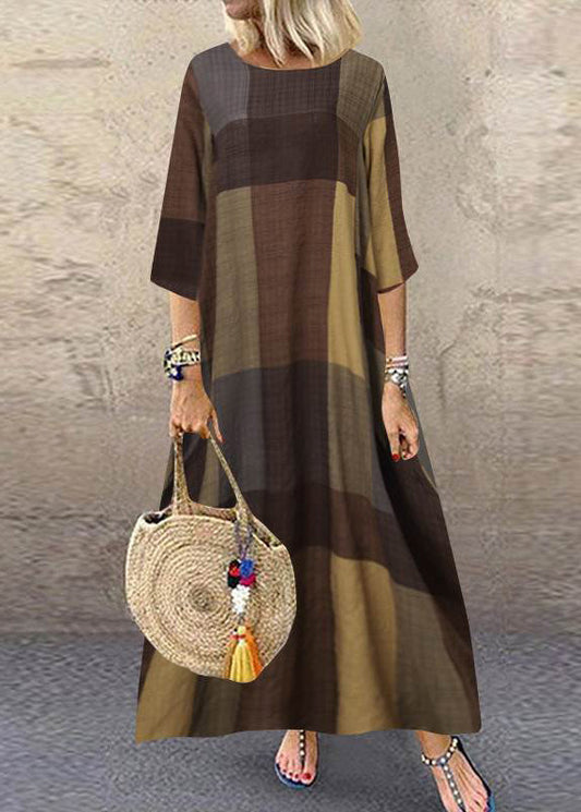 Women Khaki O-Neck Plaid Maxi Dresses Half Sleeve LC0001