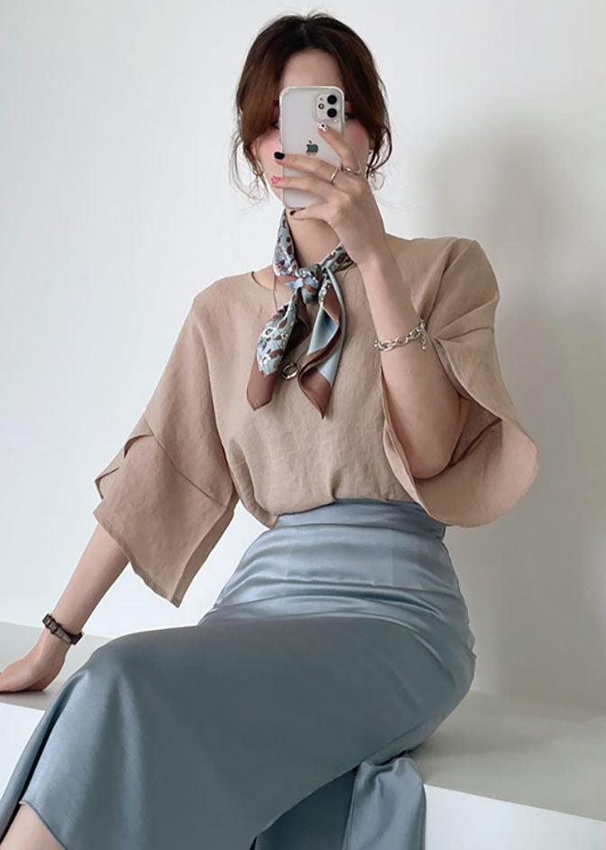Women Khaki O-Neck Slim Fit Linen Shirt Top Butterfly Sleeve LY1321