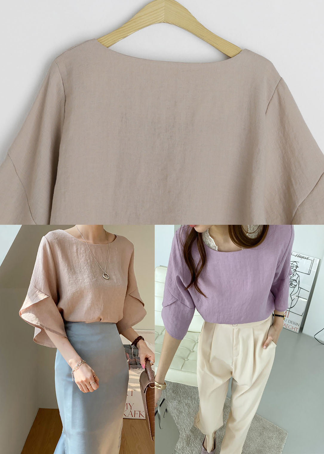 Women Khaki O-Neck Slim Fit Linen Shirt Top Butterfly Sleeve LY1321