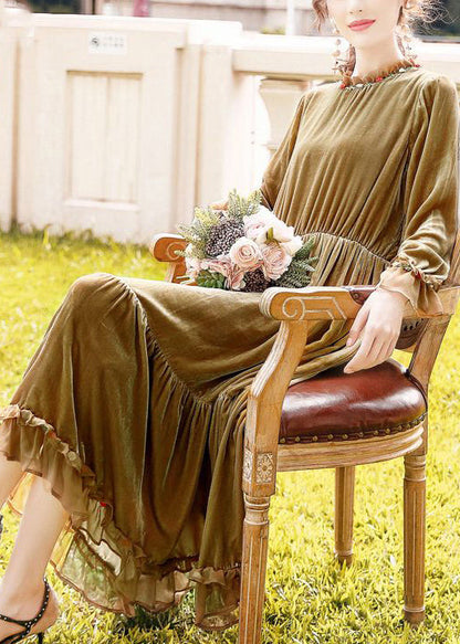 Women Khaki Ruffled Patchwork Exra Large Hem Silk Velour Dresses Spring LY0680