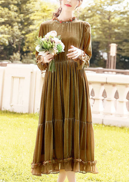 Women Khaki Ruffled Patchwork Exra Large Hem Silk Velour Dresses Spring LY0680