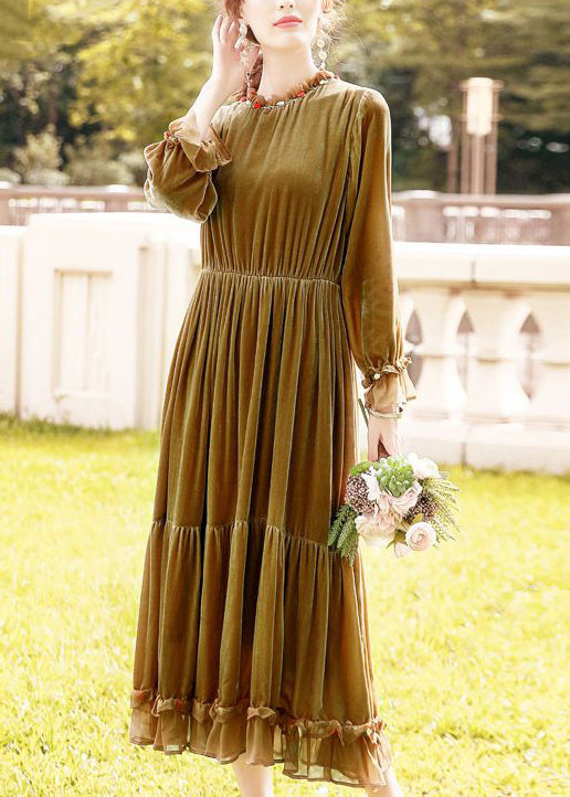 Women Khaki Ruffled Patchwork Exra Large Hem Silk Velour Dresses Spring LY0680