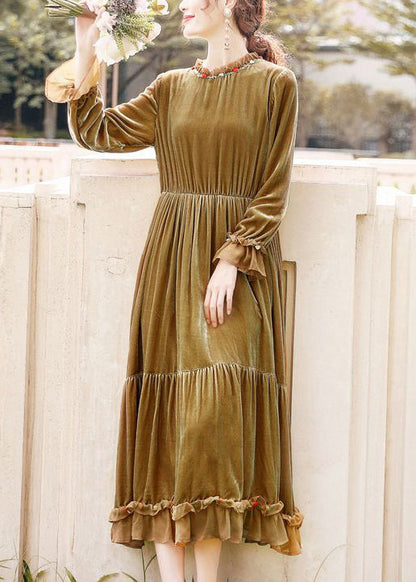 Women Khaki Ruffled Patchwork Exra Large Hem Silk Velour Dresses Spring LY0680