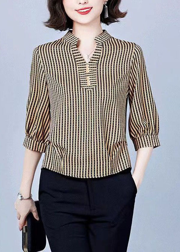 Women Khaki V Neck Striped Silk Shirts Bracelet Sleeve LY1399
