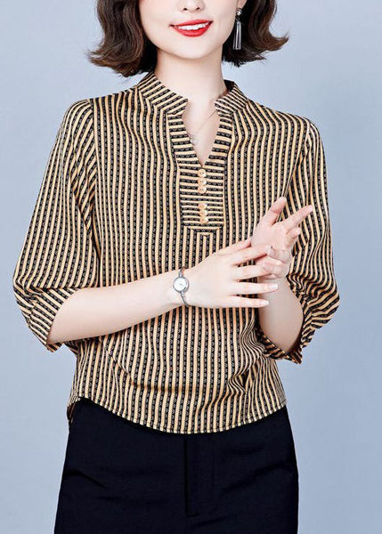 Women Khaki V Neck Striped Silk Shirts Bracelet Sleeve LY1399