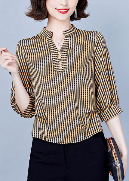 Women Khaki V Neck Striped Silk Shirts Bracelet Sleeve LY1399