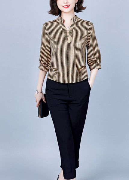 Women Khaki V Neck Striped Silk Shirts Bracelet Sleeve LY1399