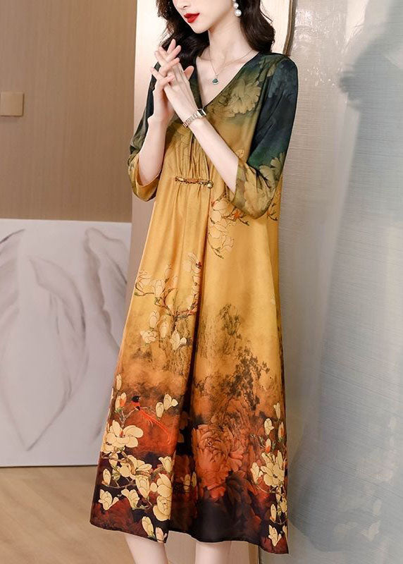 Women Khaki V Neck Tie Dye Print Silk Maxi Dresses Half Sleeve TH1027