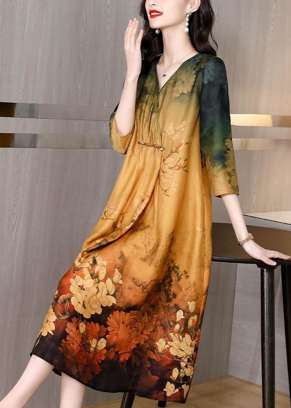 Women Khaki V Neck Tie Dye Print Silk Maxi Dresses Half Sleeve TH1027