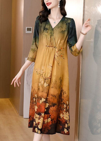 Women Khaki V Neck Tie Dye Print Silk Maxi Dresses Half Sleeve TH1027