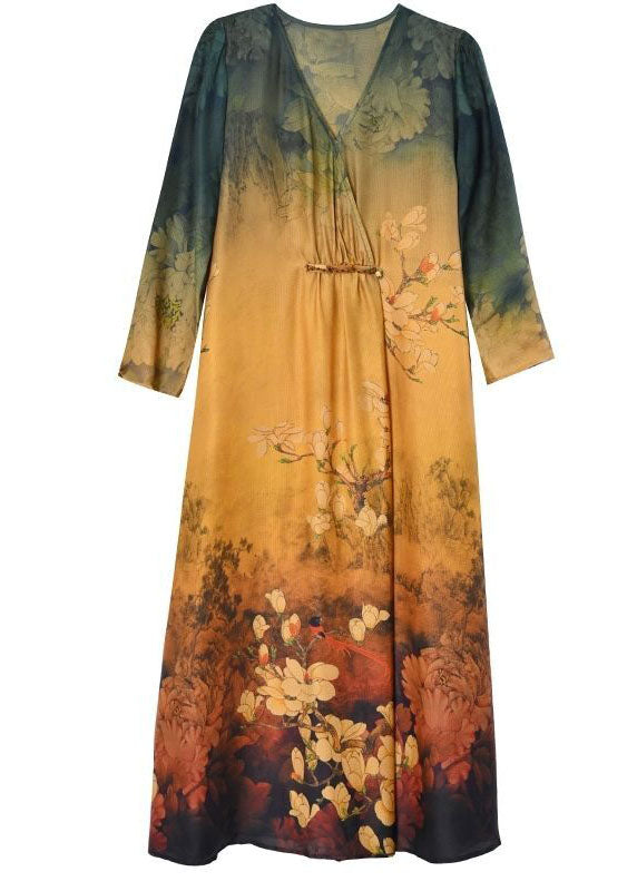 Women Khaki V Neck Tie Dye Print Silk Maxi Dresses Half Sleeve TH1027