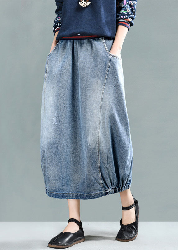 Women Light Blue Elastic Waist Patchwork Cotton Denim Skirt Spring TG1016