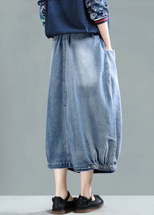 Women Light Blue Elastic Waist Patchwork Cotton Denim Skirt Spring TG1016