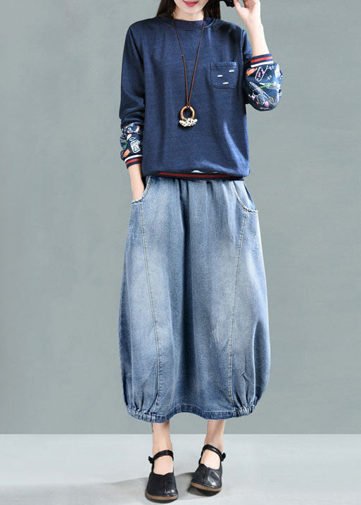 Women Light Blue Elastic Waist Patchwork Cotton Denim Skirt Spring TG1016