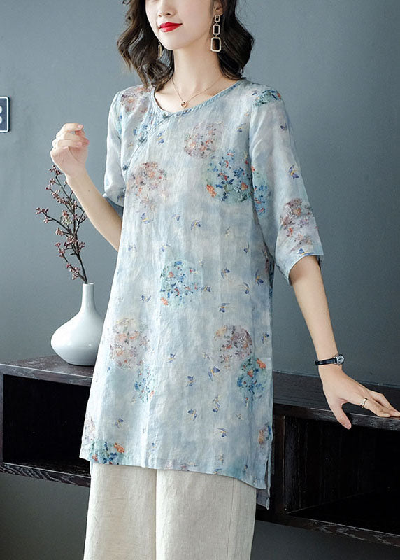 Women Light Blue Print Patchwork Linen Two Pieces Set Summer TP1032