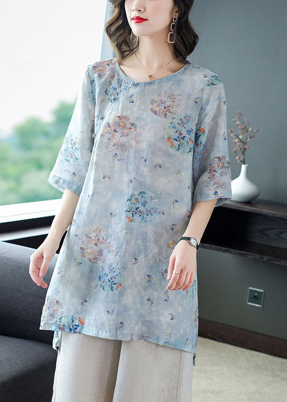 Women Light Blue Print Patchwork Linen Two Pieces Set Summer TP1032