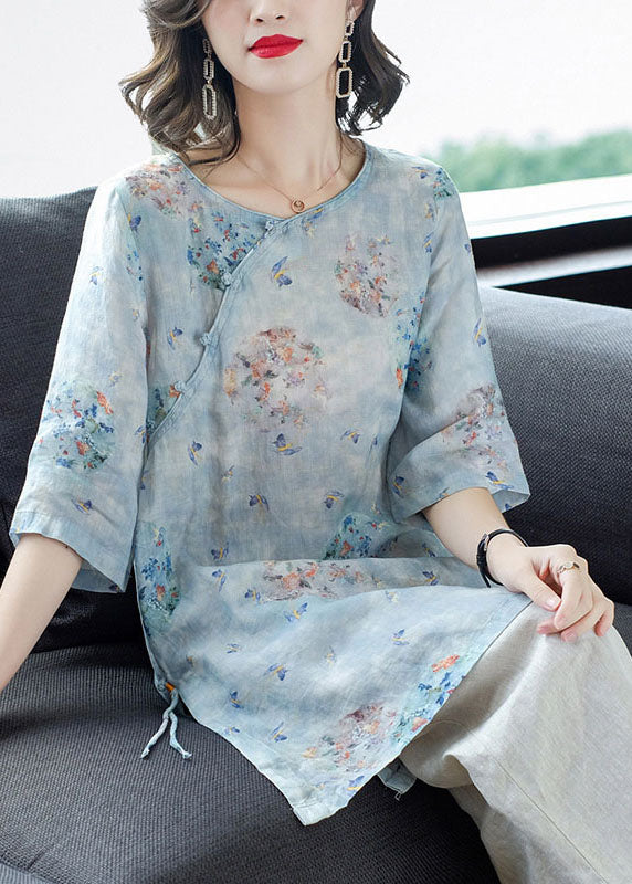 Women Light Blue Print Patchwork Linen Two Pieces Set Summer TP1032