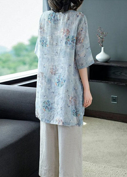 Women Light Blue Print Patchwork Linen Two Pieces Set Summer TP1032