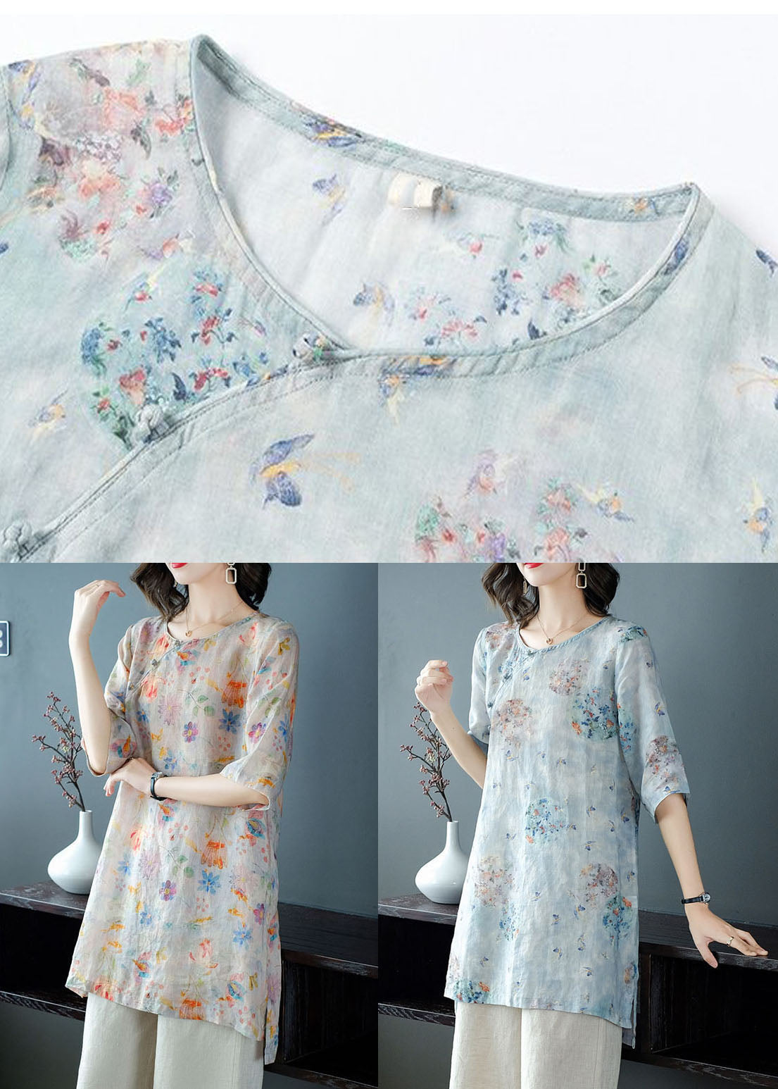 Women Light Blue Print Patchwork Linen Two Pieces Set Summer TP1032