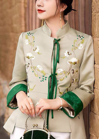 Women Light Green Embroideried Lace Up Silk Coat Spring LY1431