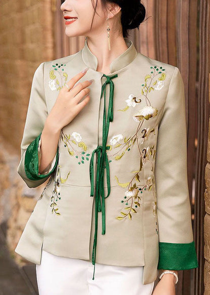 Women Light Green Embroideried Lace Up Silk Coat Spring LY1431