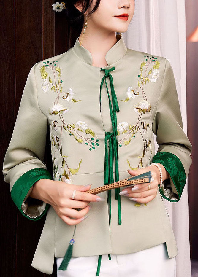 Women Light Green Embroideried Lace Up Silk Coat Spring LY1431