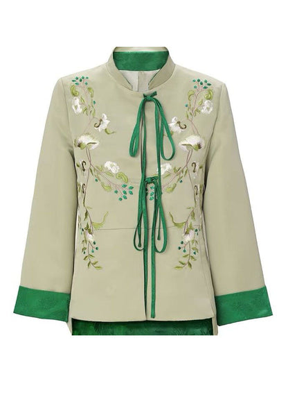 Women Light Green Embroideried Lace Up Silk Coat Spring LY1431