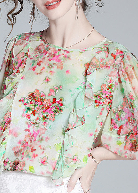 Women Light Green O-Neck Ruffled Print Silk Shirts Half Sleeve AC3016