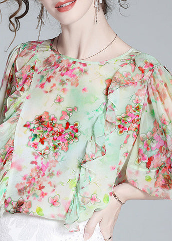 Women Light Green O-Neck Ruffled Print Silk Shirts Half Sleeve LY0710