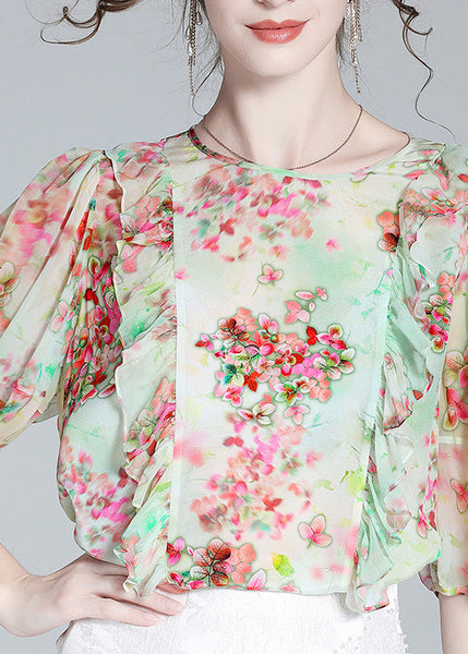 Women Light Green O-Neck Ruffled Print Silk Shirts Half Sleeve LY0710