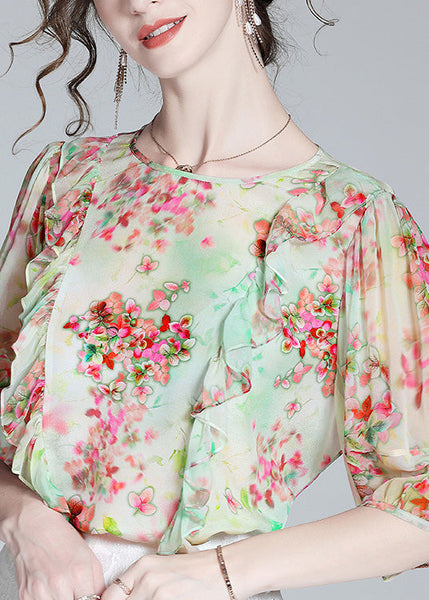 Women Light Green O-Neck Ruffled Print Silk Shirts Half Sleeve AC3016