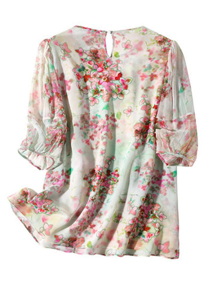 Women Light Green O-Neck Ruffled Print Silk Shirts Half Sleeve AC3016