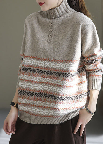 Women Light Grey Oversized Print Thick Knit Sweater Spring TG1046