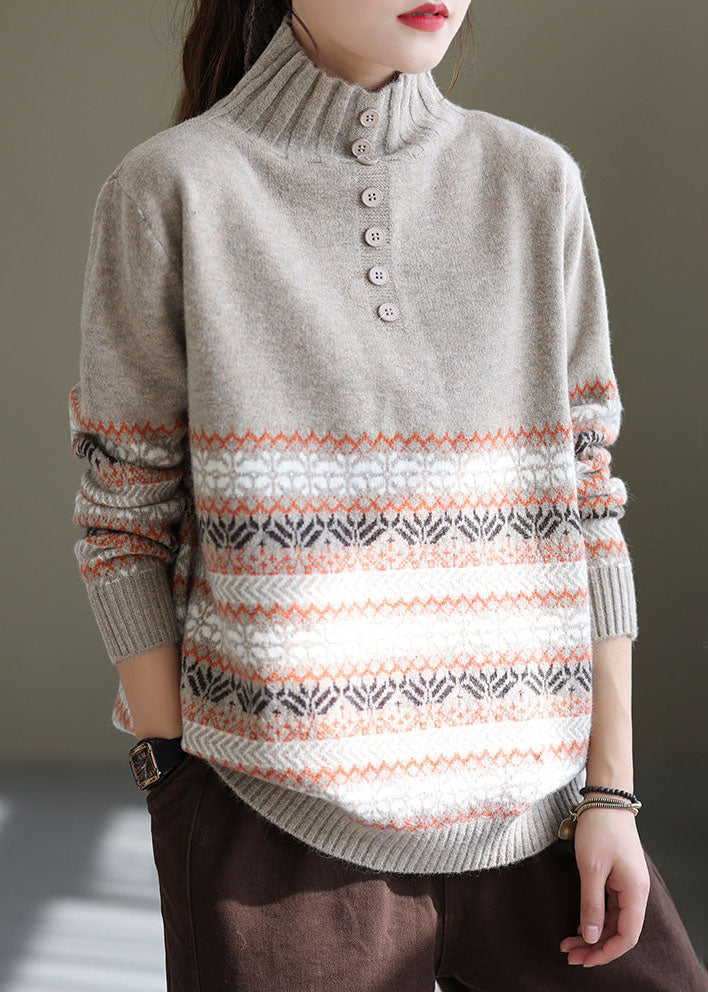 Women Light Grey Oversized Print Thick Knit Sweater Spring TG1046
