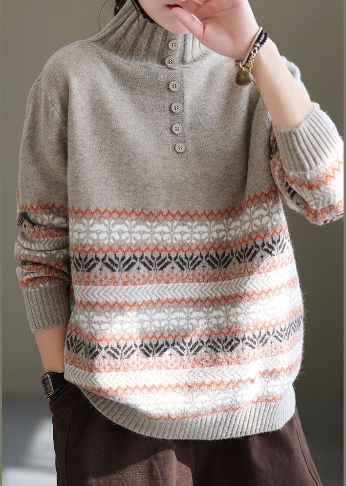 Women Light Grey Oversized Print Thick Knit Sweater Spring TG1046